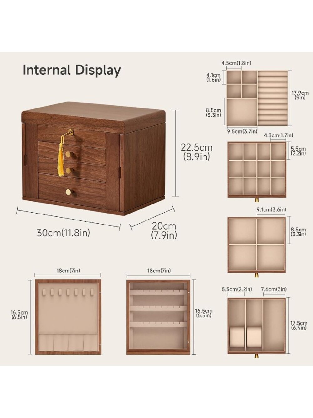 Black Walnut 4Layer C Wooden Jewelry Box for Women with 2 Side Door & Mirror - Picture 2 of 6